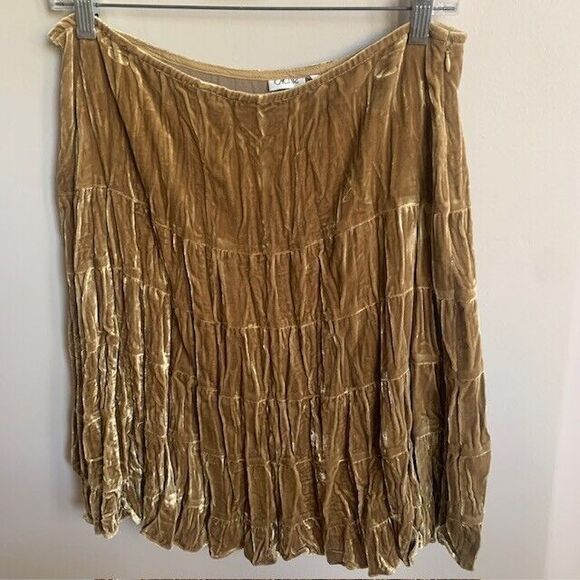 CACHE Crushed Velvet Tiered Ruffle Skirt Gold Womens Size 8 Whimsy Goth - Picture 4 of 15